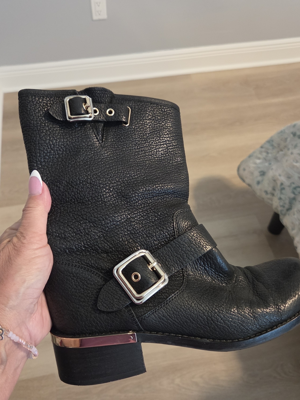 Vince Camuto Black Leather Combat Boots with Silver Buckles